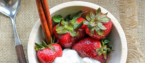 Strawberries in infused balsamic vinegar with spiced yogurt