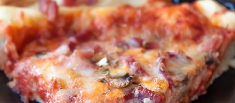 Homemade bacon and mushroom pizza